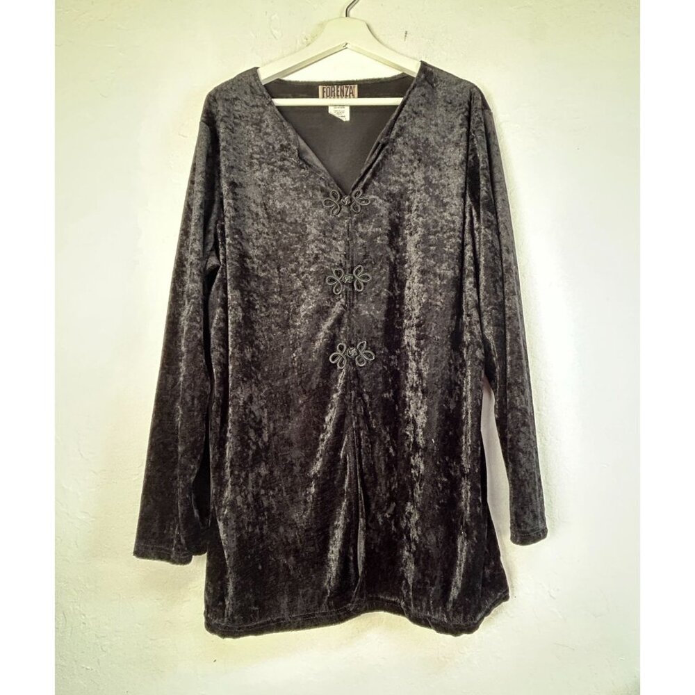 Forenza Womens Black Crushed Velvet Long Sleeve Tunic Top XL Chinese Knot Button